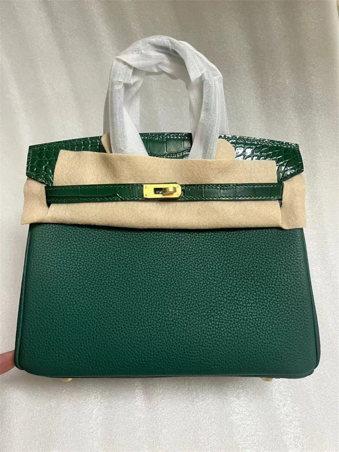 Hermes Birkin Touch 25/30cm Bag Togo and Crocodile Leather In Malachite WAX High