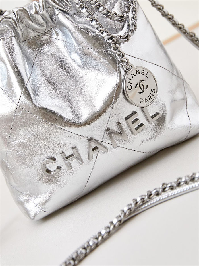 Chanel 22 MINI HANDBAG Metallic Calfskin & Silver-Tone Metal Silver AS3980 High