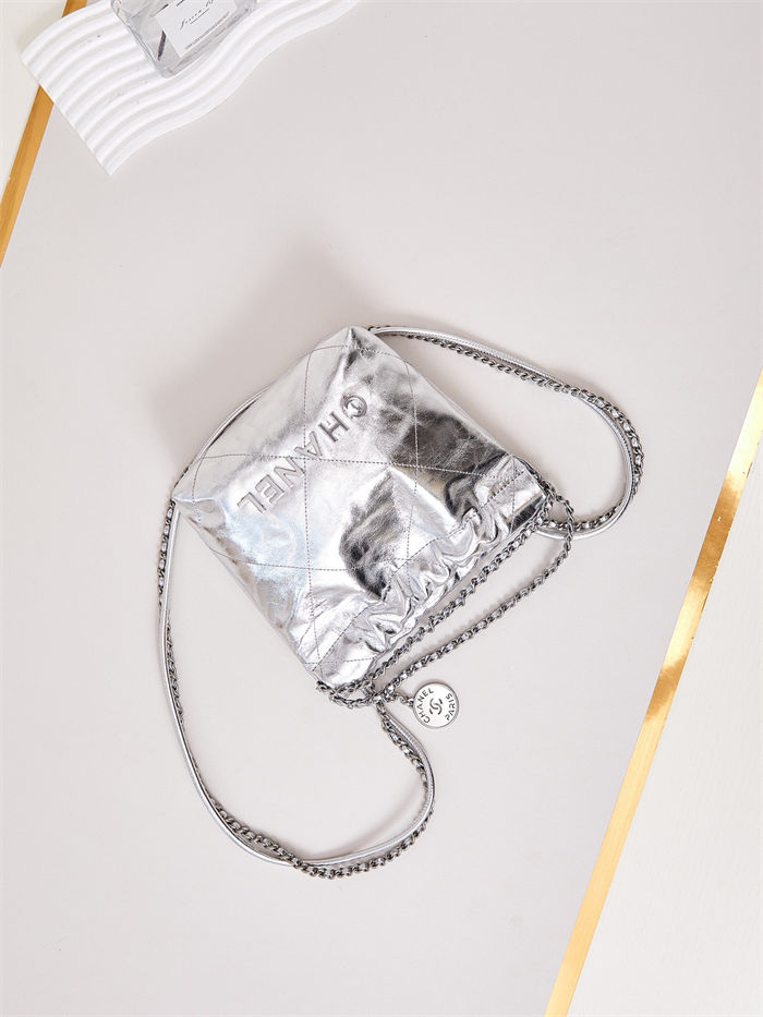 Chanel 22 MINI HANDBAG Metallic Calfskin & Silver-Tone Metal Silver AS3980 High