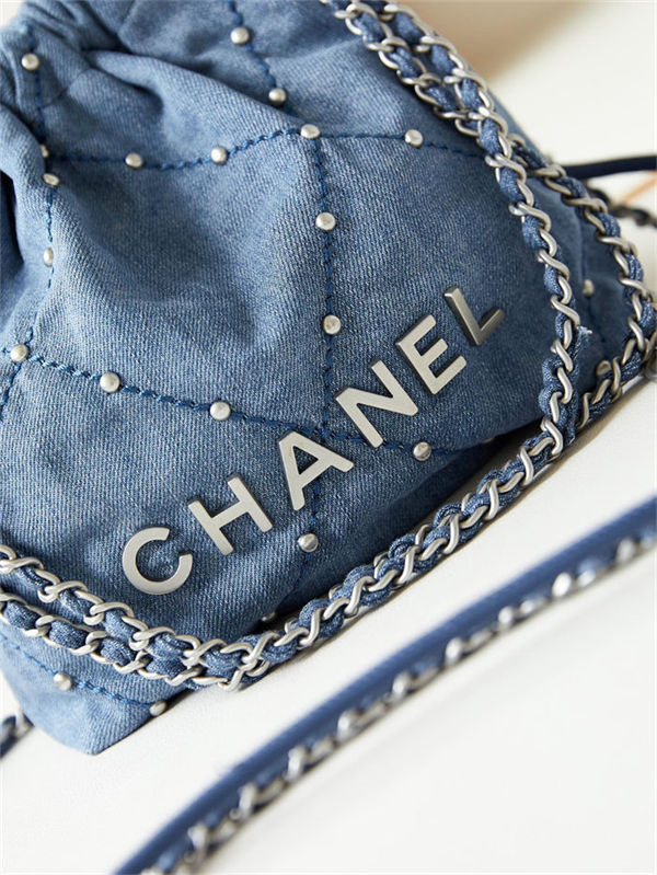 Chanel 22 MINI HANDBAG Washed Denim & Silver-Tone Metal Blue AS3980 High