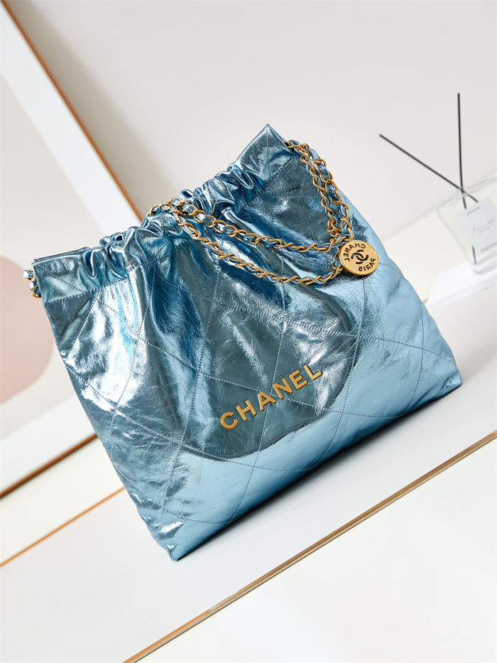 Chanel 22 MEDIUM HANDBAG Metallic Calfskin & Gold-Tone Metal AS3261 Blue High