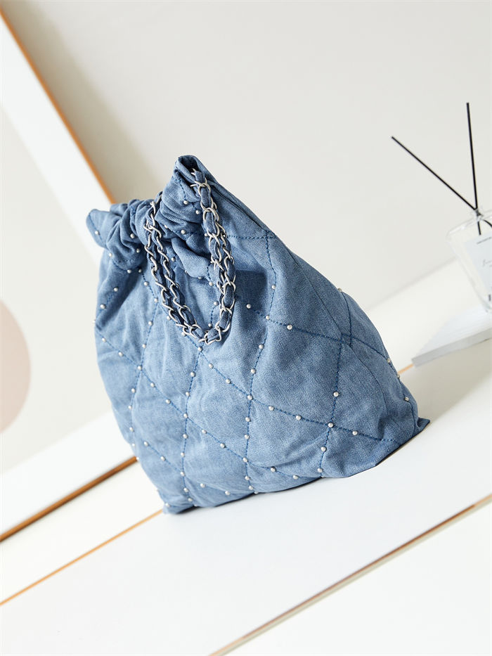 Chanel 22 MEDIUM HANDBAG Denim & Silver-Tone Metal AS3261 Blue High