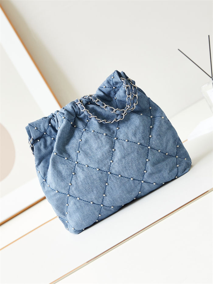 Chanel 22 SMALL HANDBAG Denim & Silver-Tone Metal AS3260 Blue High