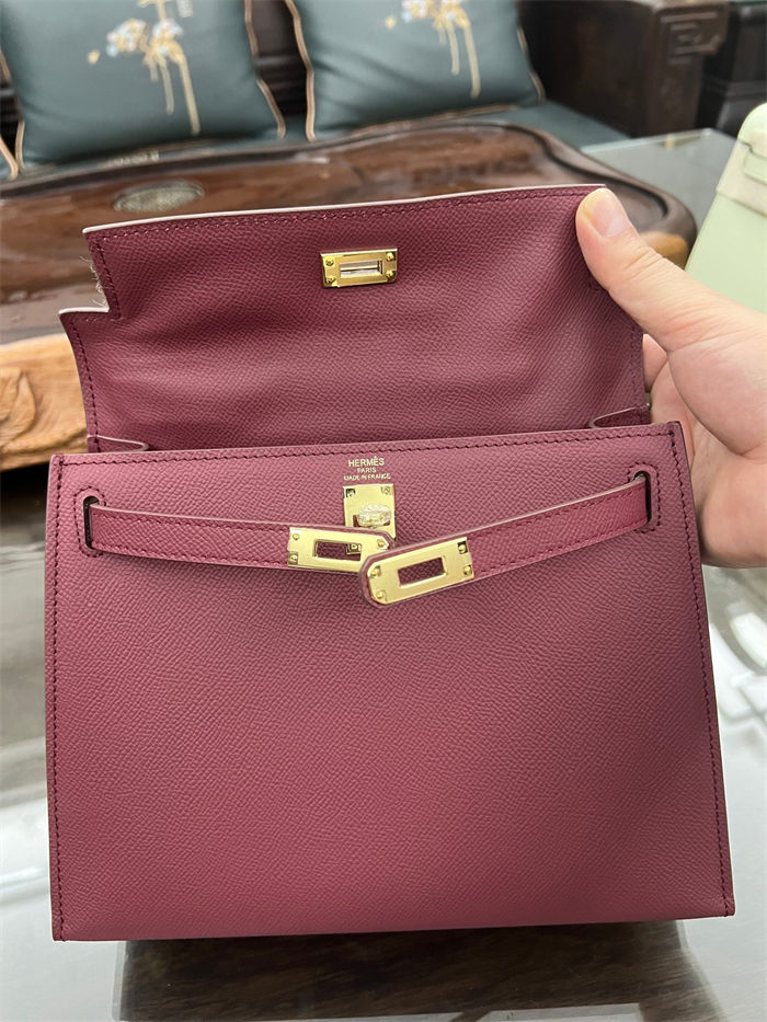 Hermes Kelly 25/28cm Sellier Bag Epsom Leather Silver/Gold Metal In Bordeaux High