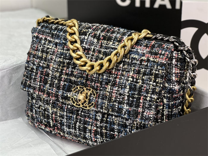 Large Chanel 19 Flap Bag Tweed Gold-Tone Black-Pink High