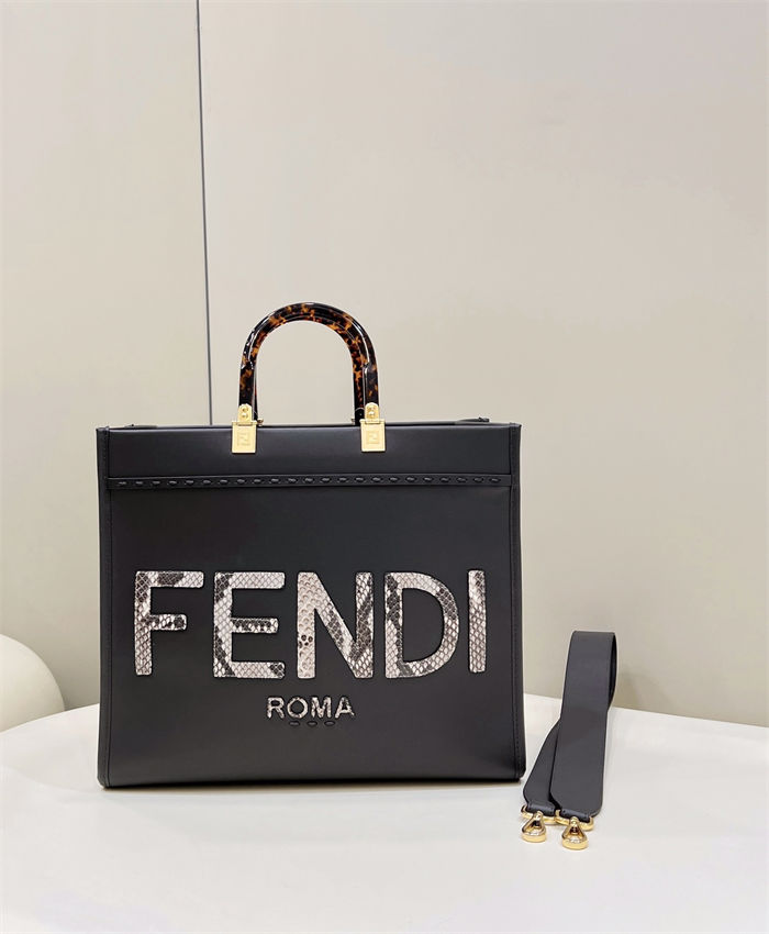 MEDIUM Fendi SUNSHINE Leather & Elaphe Shopper Black High