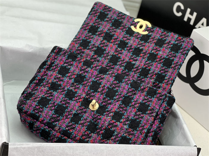 Large Chanel 19 Flap Bag Tweed Gold-Tone Black-Fuchsia High