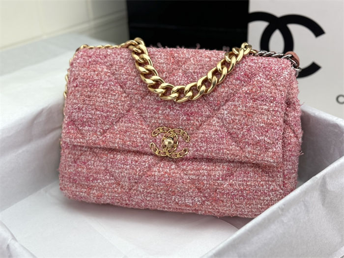 Large Chanel 19 Flap Bag Tweed Gold-Tone Pink High