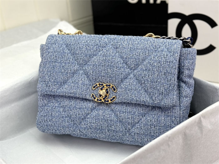 Large Chanel 19 Flap Bag Tweed Gold-Tone Blue High