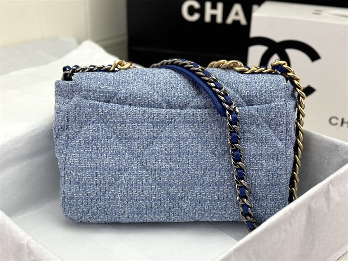 Large Chanel 19 Flap Bag Tweed Gold-Tone Blue High