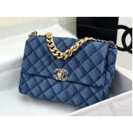 Large Chanel 19 Flap Bag Denim Gold-Tone Blue High