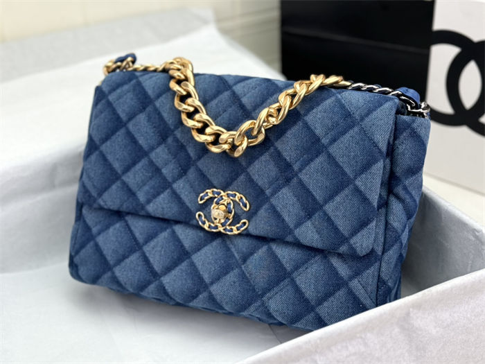 Large Chanel 19 Flap Bag Denim Gold-Tone Blue High