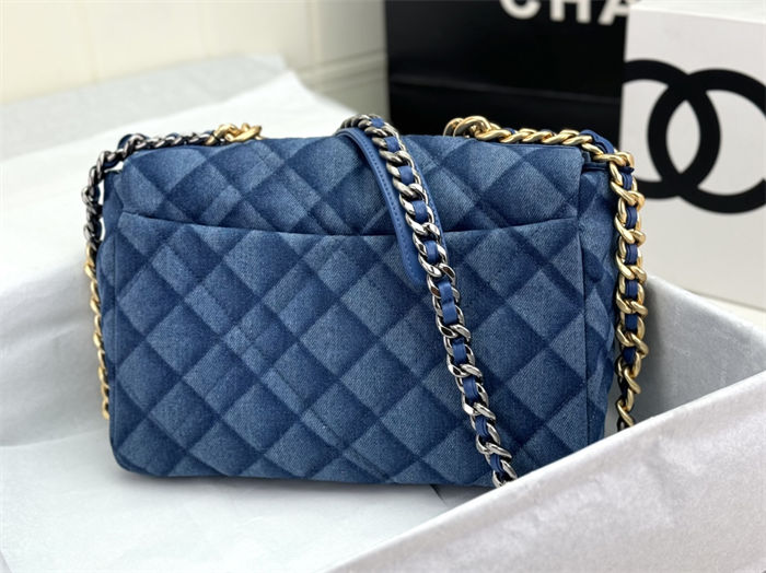 Large Chanel 19 Flap Bag Denim Gold-Tone Blue High