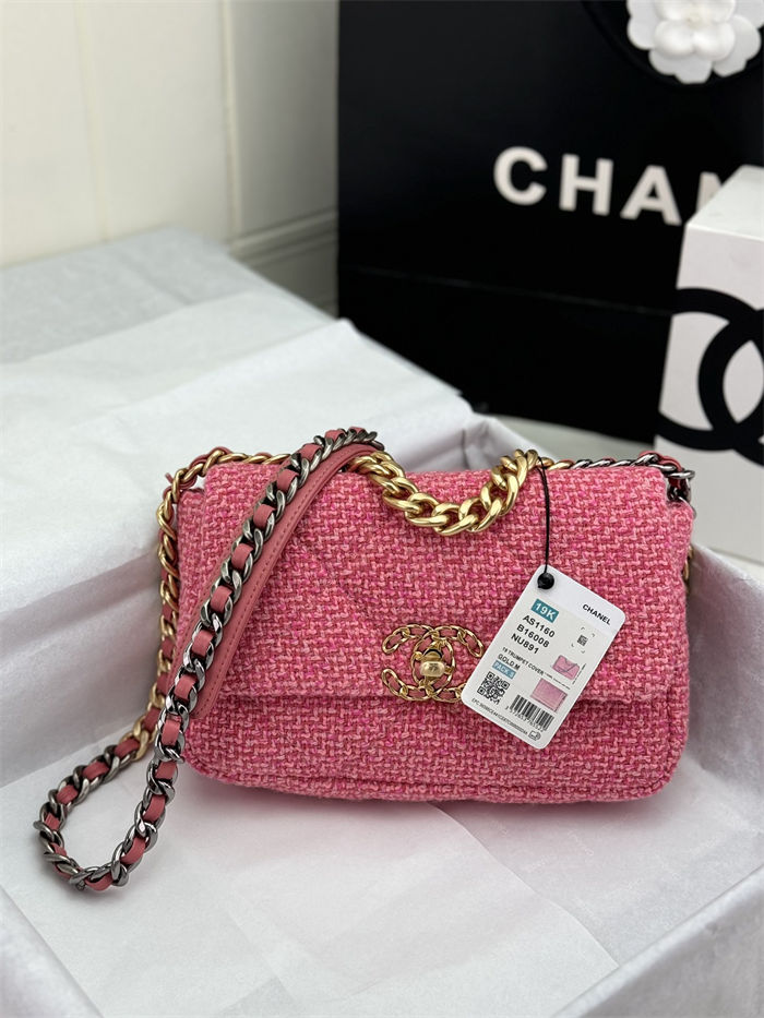 Chanel 19 Flap Bag Tweed Gold-Tone Rose-Pink High