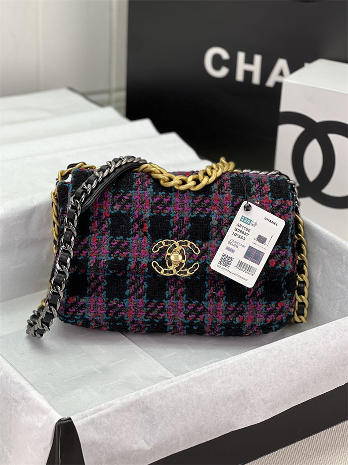 Chanel 19 Flap Bag Tweed Gold-Tone Black-Fuchsia High