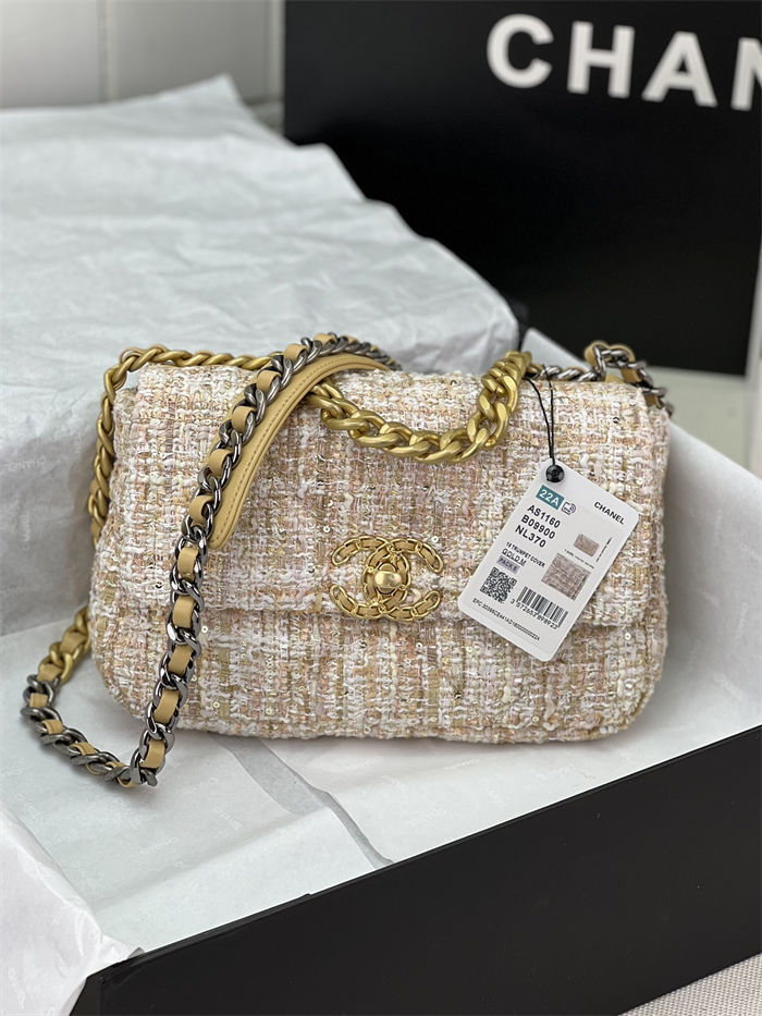 Chanel 19 Flap Bag Tweed Gold-Tone Beige High