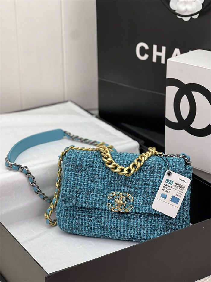 Chanel 19 Flap Bag Tweed Gold-Tone Blue High