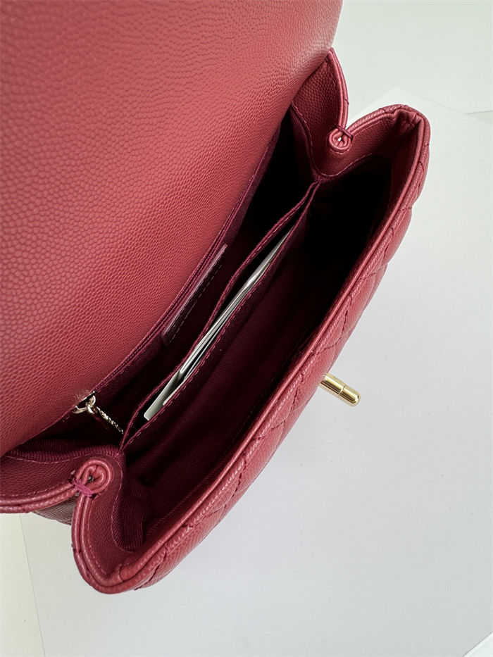 SMALL FLAP BAG WITH TOP HANDLE Grained Calfskin Burgundy Gold Metal High