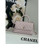 SMALL FLAP BAG WITH TOP HANDLE Grained Calfskin Pink-binding Gold Metal High