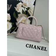 SMALL FLAP BAG WITH TOP HANDLE Grained Calfskin Pink-binding Gold Metal High