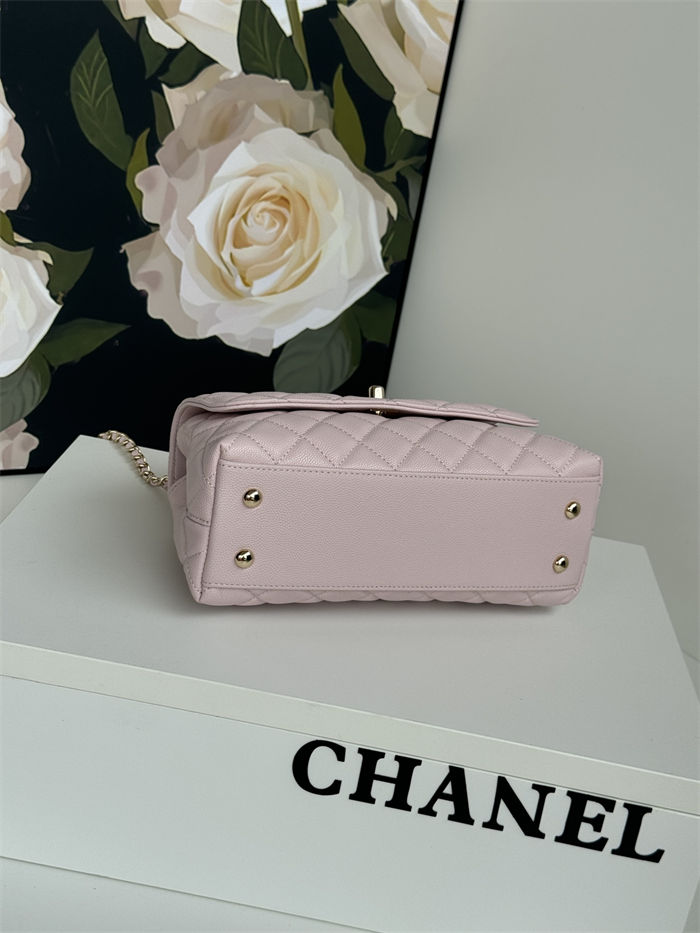 SMALL FLAP BAG WITH TOP HANDLE Grained Calfskin Pink-binding Gold Metal High