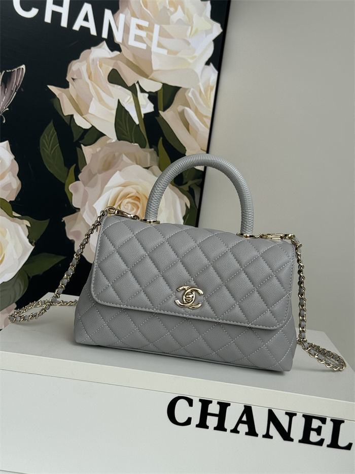 SMALL FLAP BAG WITH TOP HANDLE Grained Calfskin Grey-binding Gold Metal High