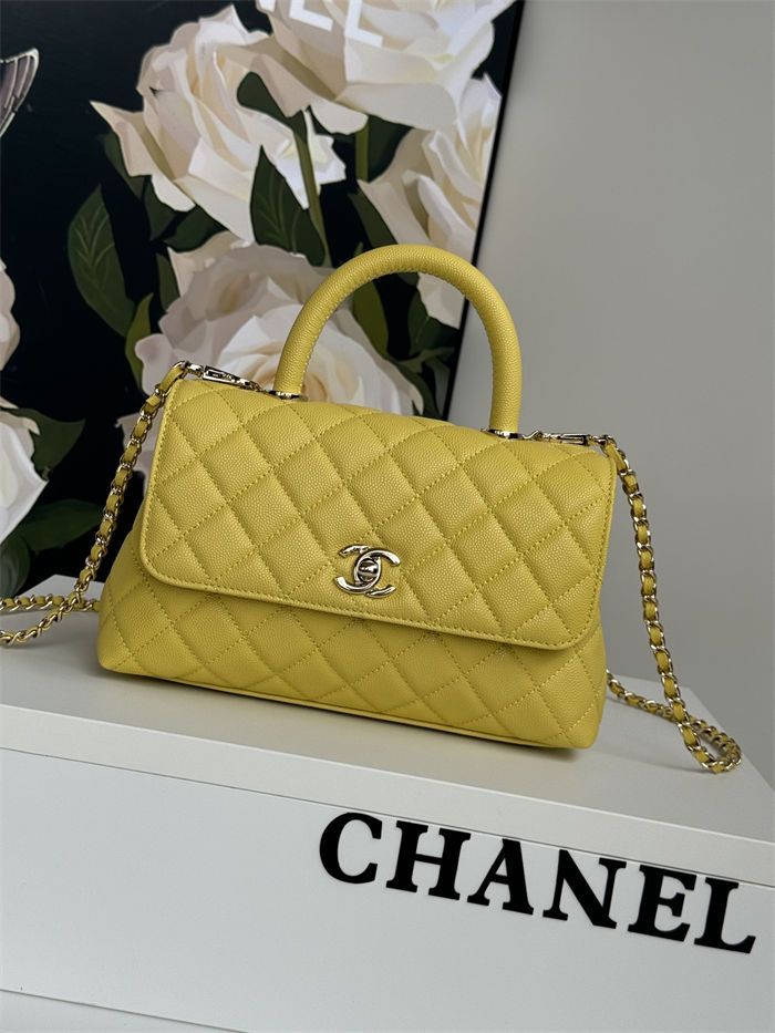 SMALL FLAP BAG WITH TOP HANDLE Grained Calfskin Yellow-binding Gold Metal High