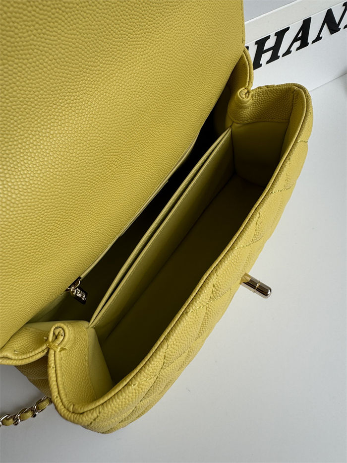 SMALL FLAP BAG WITH TOP HANDLE Grained Calfskin Yellow-binding Gold Metal High