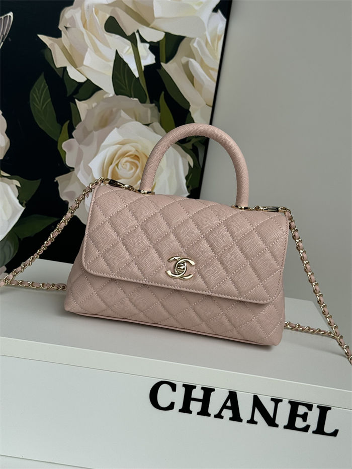 SMALL FLAP BAG WITH TOP HANDLE Grained Calfskin Pink-binding Gold Metal High