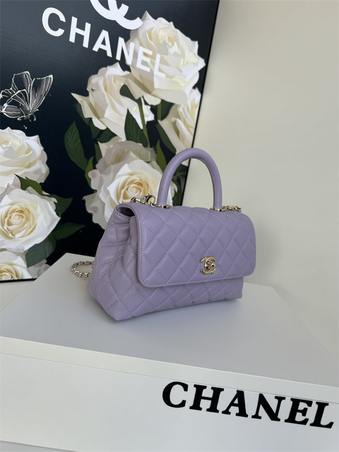 SMALL FLAP BAG WITH TOP HANDLE Grained Calfskin Purple-binding Gold Metal High