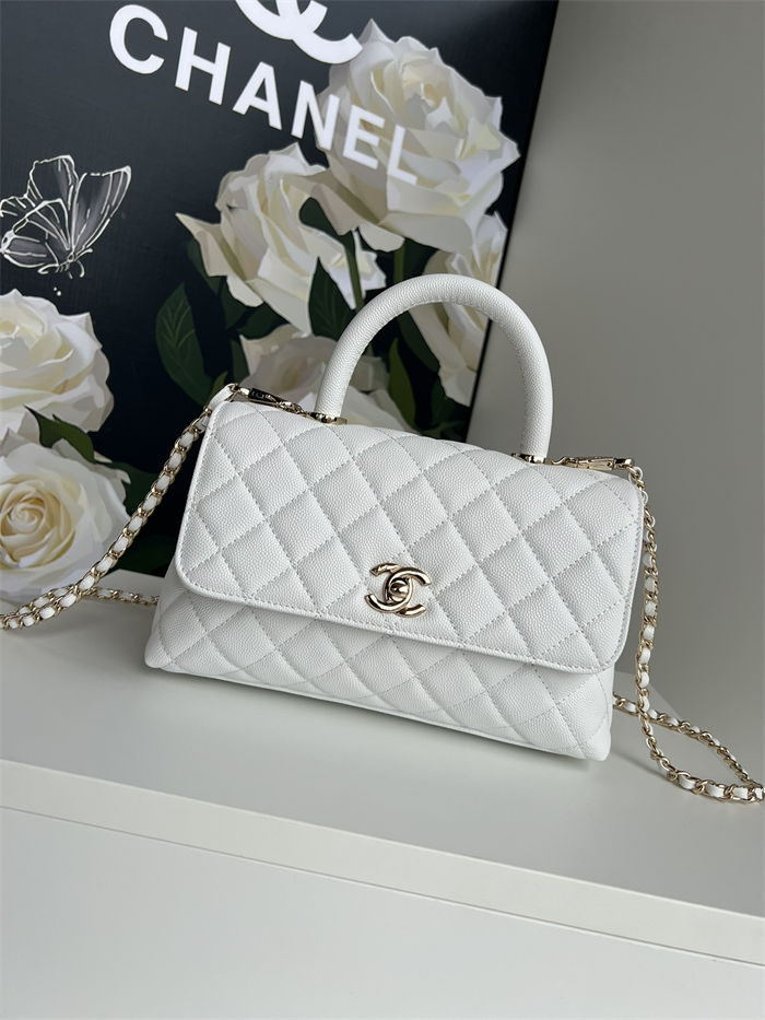 SMALL FLAP BAG WITH TOP HANDLE Grained Calfskin White-binding Gold Metal High