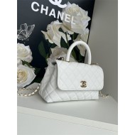 SMALL FLAP BAG WITH TOP HANDLE Grained Calfskin White-binding Gold Metal High