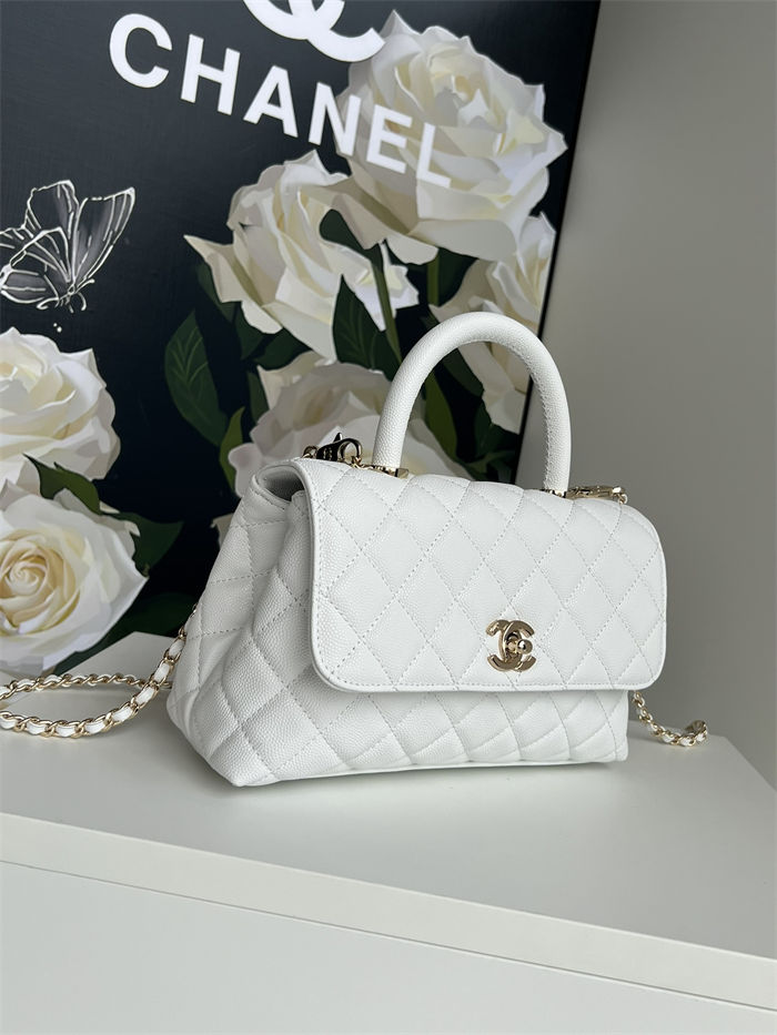 SMALL FLAP BAG WITH TOP HANDLE Grained Calfskin White-binding Gold Metal High