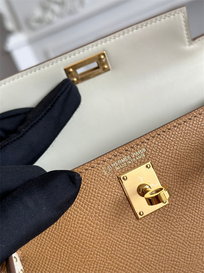 Hermes Kelly Mini II Bag Epsom Leather WAX-Bicolor Biscuit/Craie High