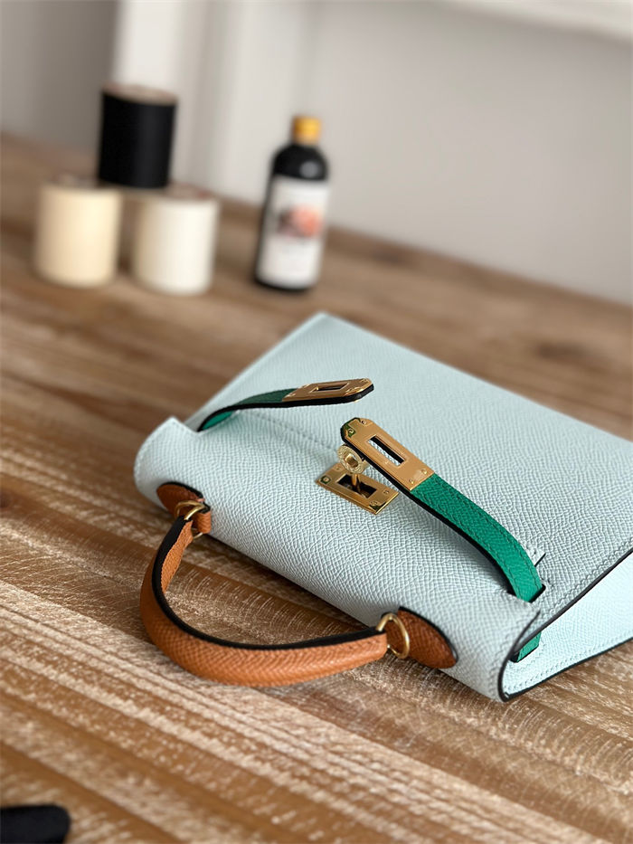 Hermes Kelly Mini II Bag Epsom Leather WAX-Bicolor Blue Brume/Vert Jade/Gold High