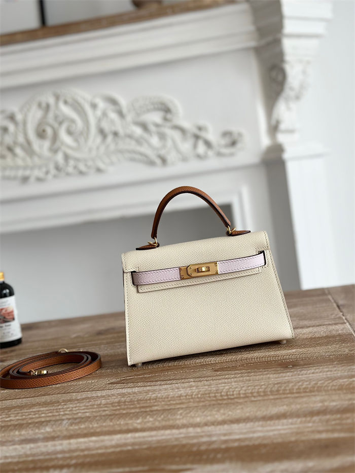 Hermes Kelly Mini II Bag Epsom Leather WAX-Bicolor Craie/Rose Sheherazade/Gold High