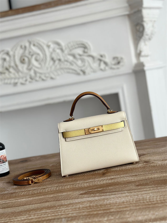 Hermes Kelly Mini II Bag Epsom Leather WAX-Bicolor Craie/Jaune Poussin/Sesame High