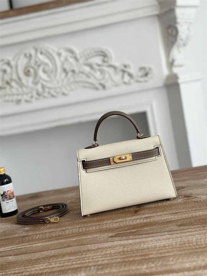 Hermes Kelly Mini II Bag Epsom Leather WAX-Bicolor Craie/Etoupe High