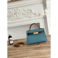 Hermes Kelly Mini II Bag Epsom Leather WAX-Bicolor Denim Fonce/Ecorce/Sesame High