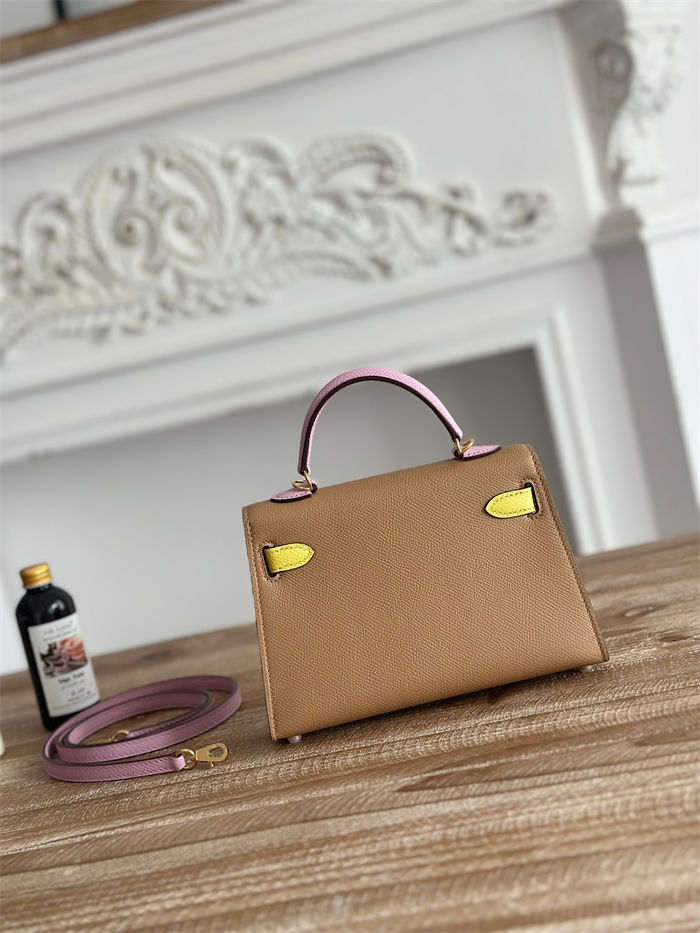 Hermes Kelly Mini II Bag Epsom Leather WAX-Bicolor Chai/Lime/Mauve Sylvestre High