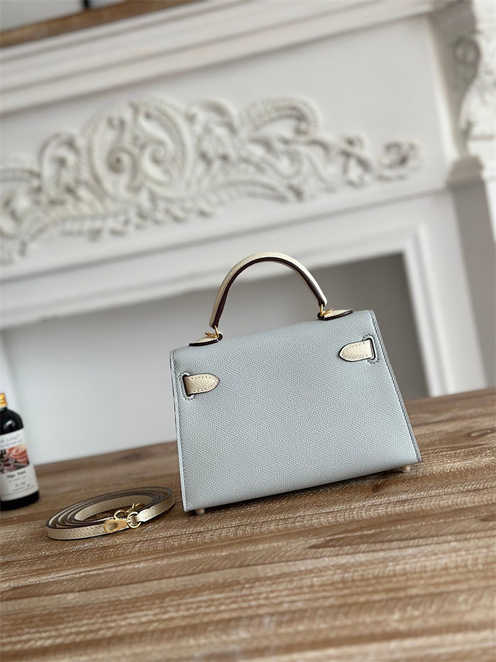 Hermes Kelly Mini II Bag Epsom Leather WAX-Bicolor Blue Pale/Craie High