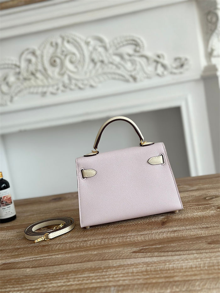 Hermes Kelly Mini II Bag Epsom Leather WAX-Bicolor Rose Sheherazade/Craie High