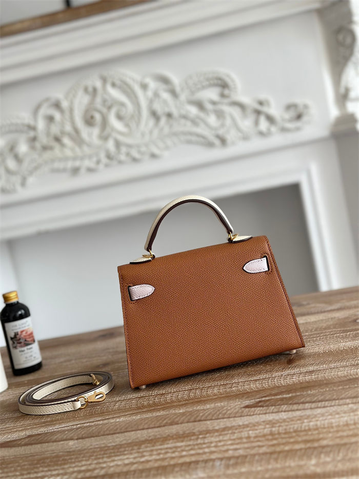 Hermes Kelly Mini II Bag Epsom Leather WAX-Bicolor Gold/Rose Sheherazade/Craie High