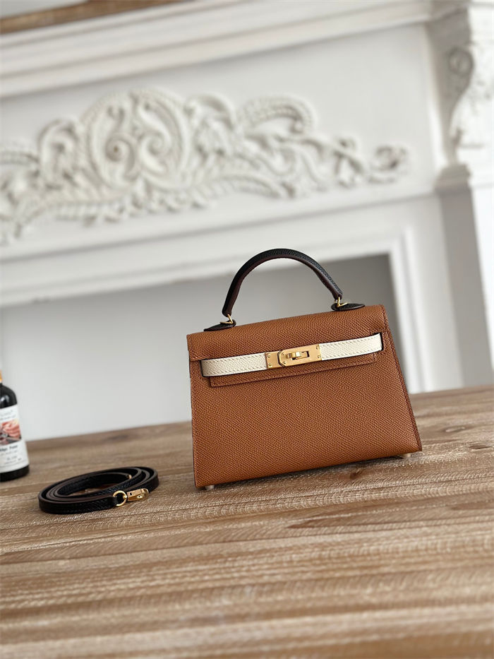 Hermes Kelly Mini II Bag Epsom Leather WAX-Bicolor Gold/Craie/Black High