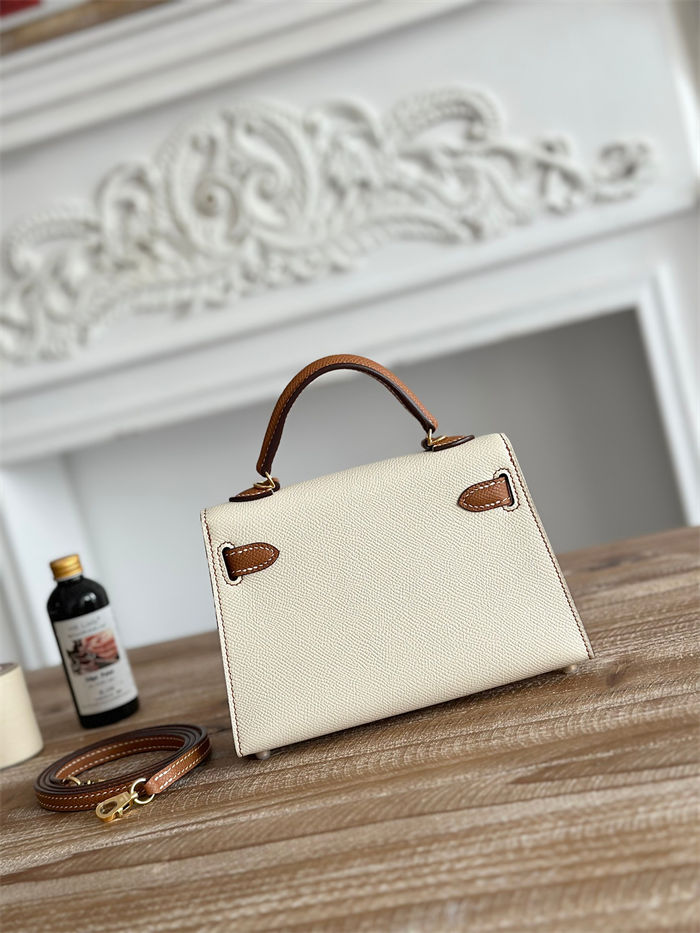 Hermes Kelly Mini II Bag Epsom Leather WAX-Bicolor Craie/Gold High