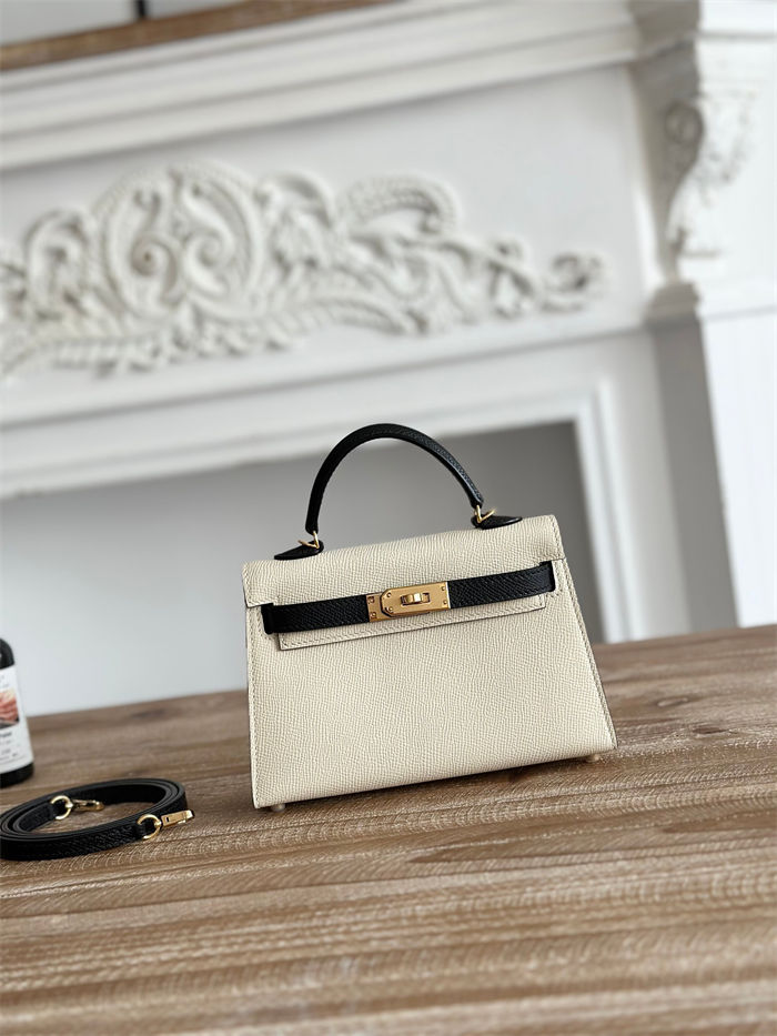 Hermes Kelly Mini II Bag Epsom Leather WAX-Bicolor Craie/Black High