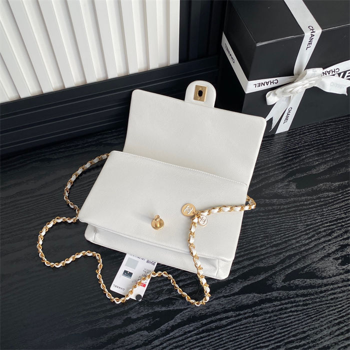 Chanel SMALL FLAP BAG AS5186 Grained Shiny Calfskin & Gold-Tone Metal White High