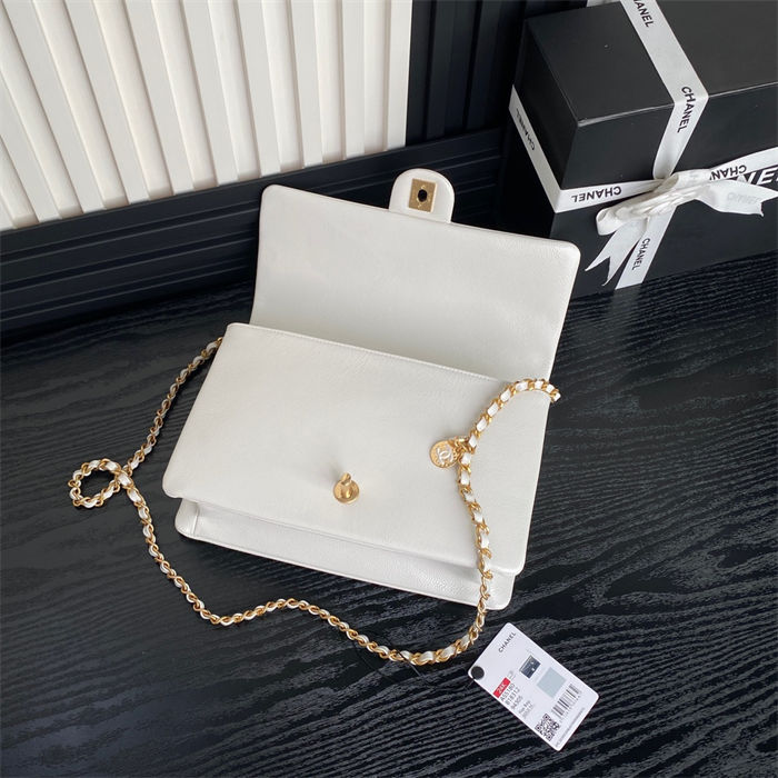 Chanel FLAP BAG AS5180 Grained Shiny Calfskin & Gold-Tone Metal White High