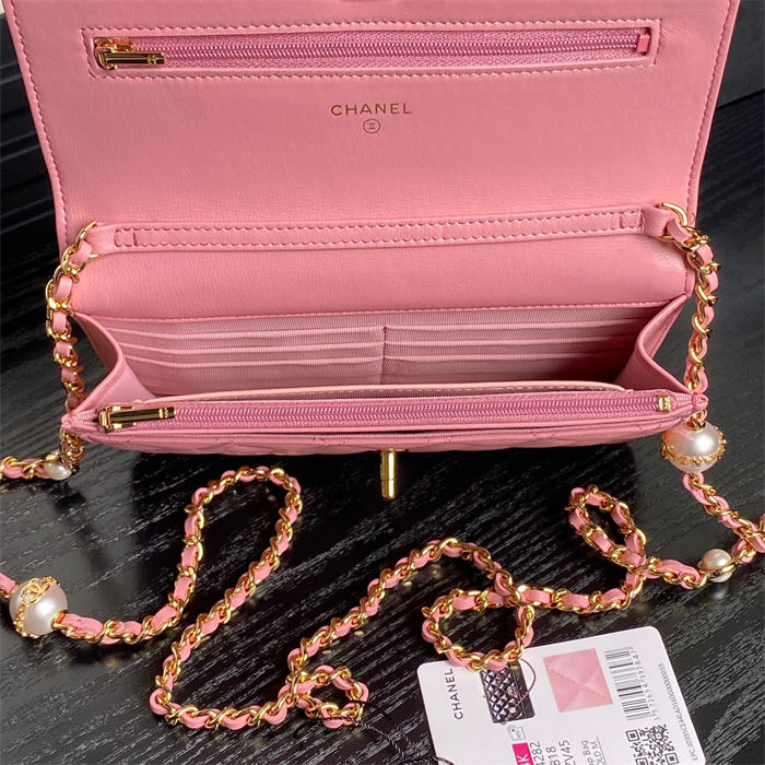 Chanel WALLET ON CHAIN AP4282 Shiny Lambskin, Imitation Pearls & Gold-Tone Metal Pink High