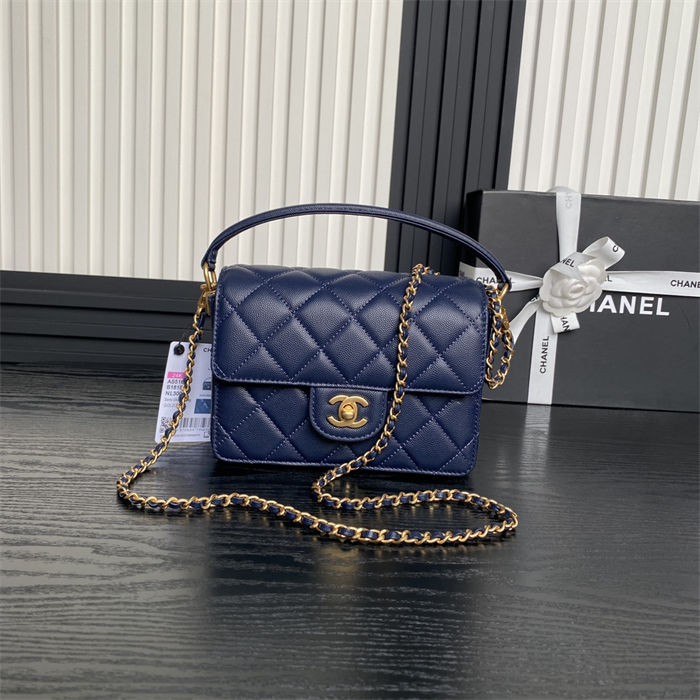 Chanel MINI FLAP BAG WITH TOP HANDLE AS5165 Grained Calfskin Blue High